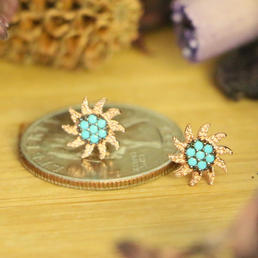 925 Sterling Silver sun Earrings with Turquoise - Picture 4 of 8